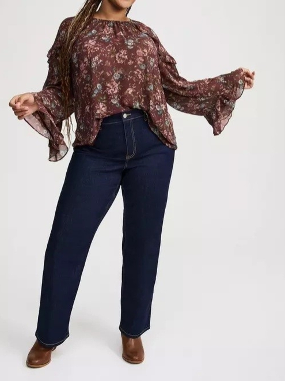 Torrid Plus Floral Ruffle Long Sleeves Top, 1X, Brown